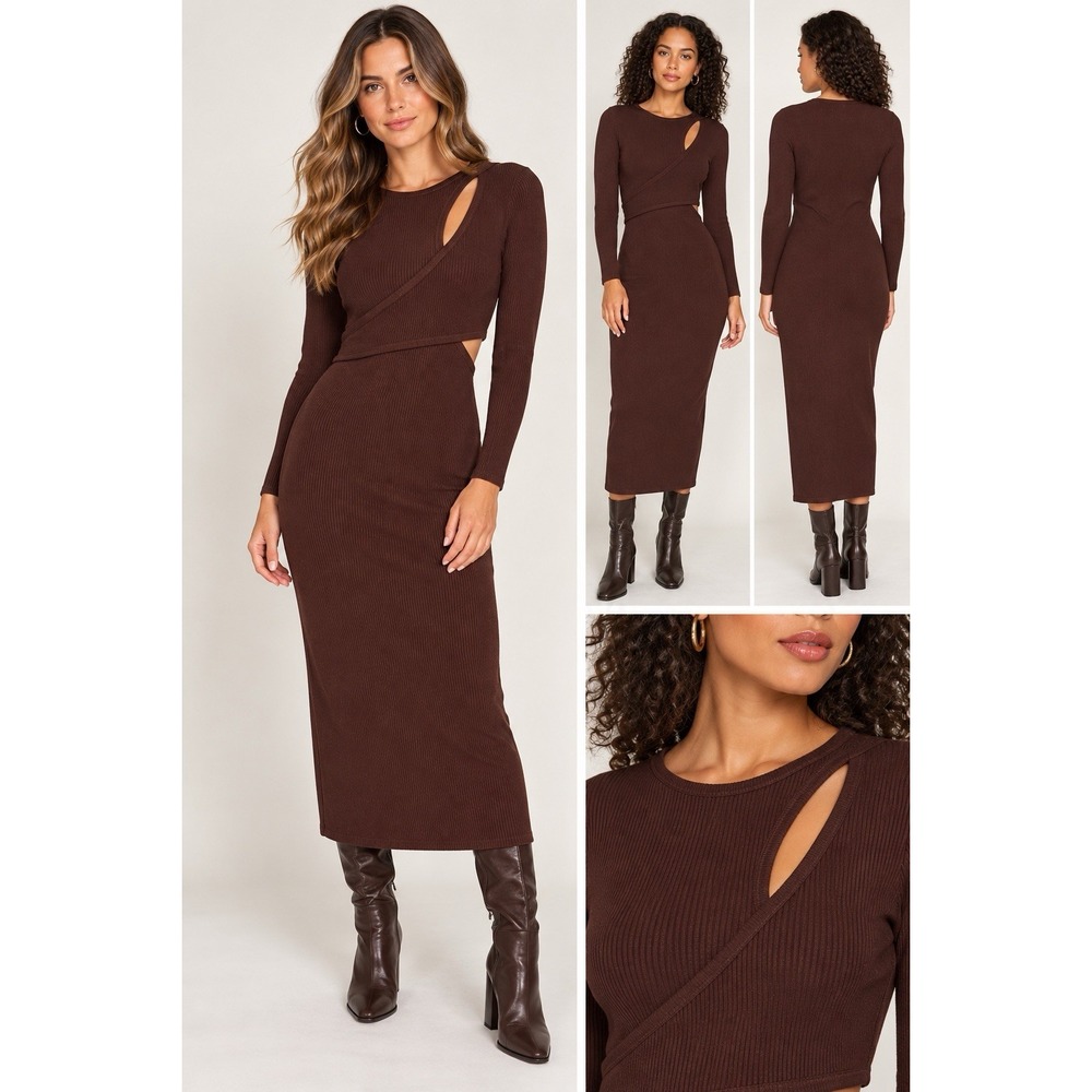 ASTR the Label Alora Sweater Dress Cut Out Bodycon Dark Brown Long Sleeve Ribbed